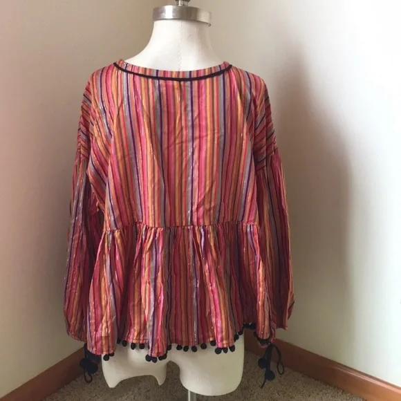 Boho Colorful Rainbow-Stripe Peplum Pom Pom Top Size M - Picture 2 of 6